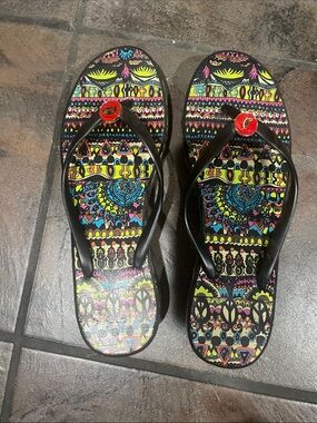 Sakroots Black Strap Sandals with Neon Multicolor Aztec Print
